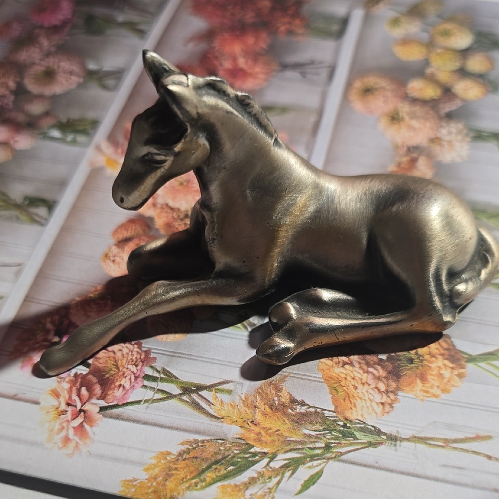 Brass-Tone Lying Foal Sculpture - Decorative Home Art
